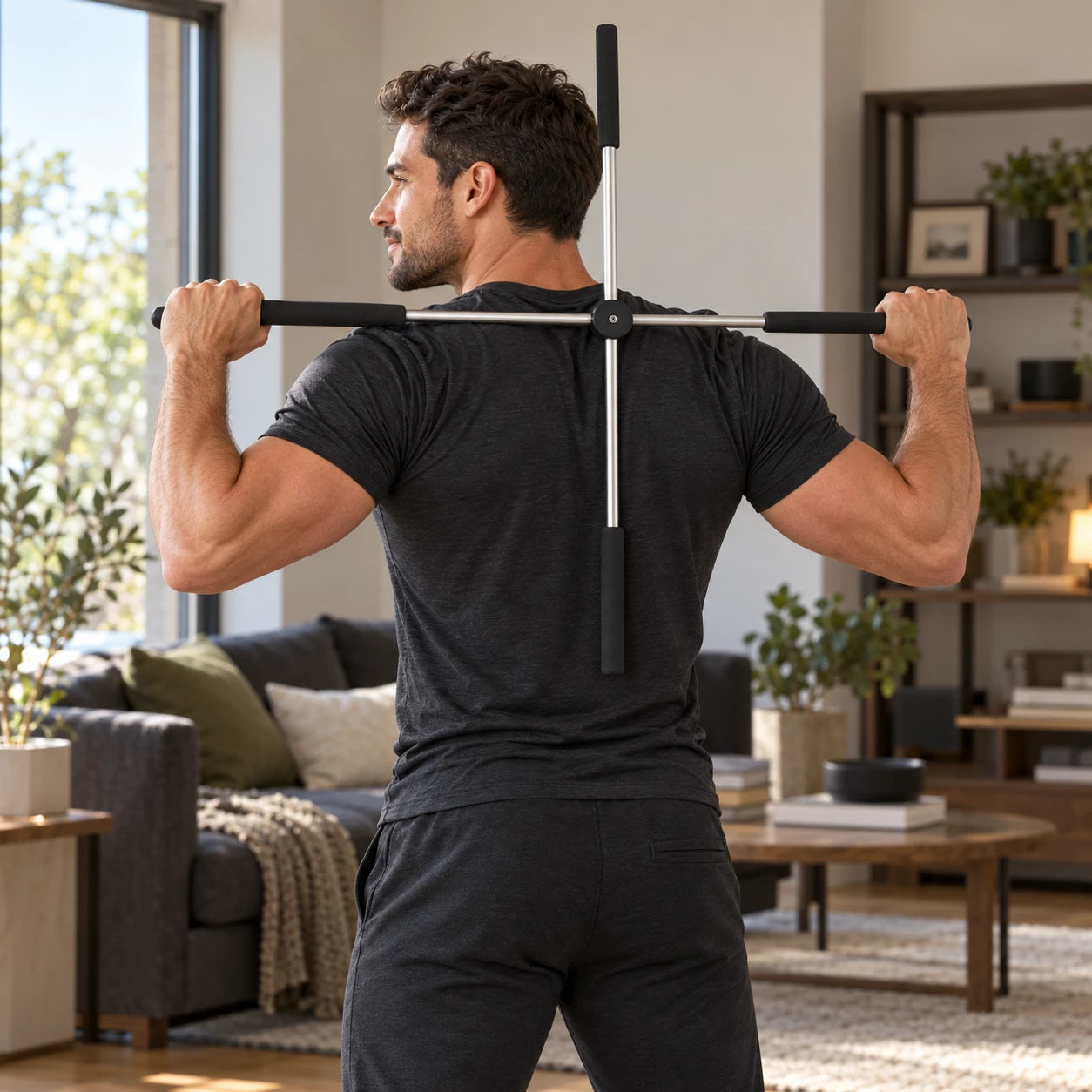 Adult man using the slim black cross stick high across his upper back