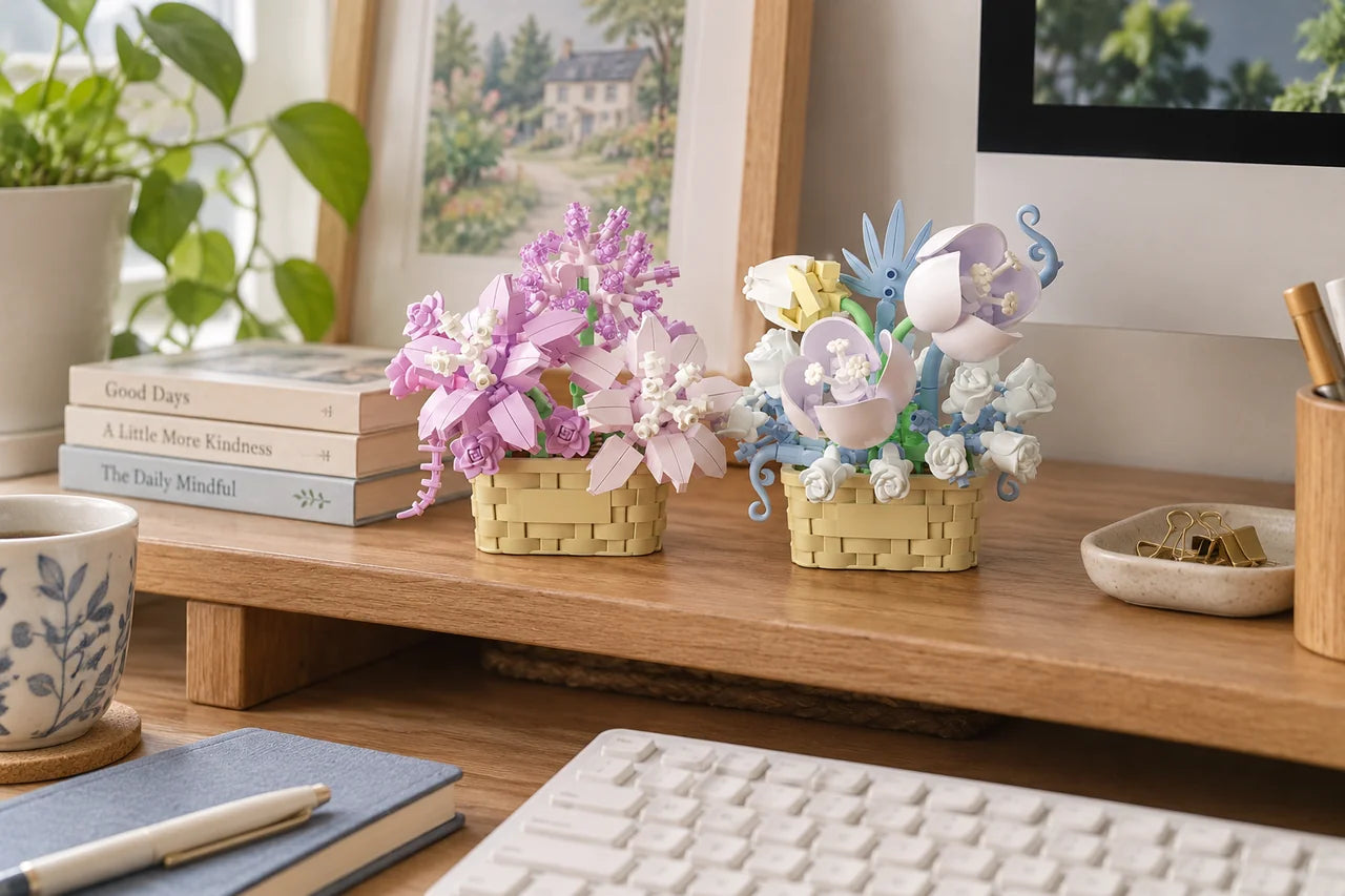 Tiny Lilac Love and Pastel Dreams flower models on a desk beside a full-size keyboard.