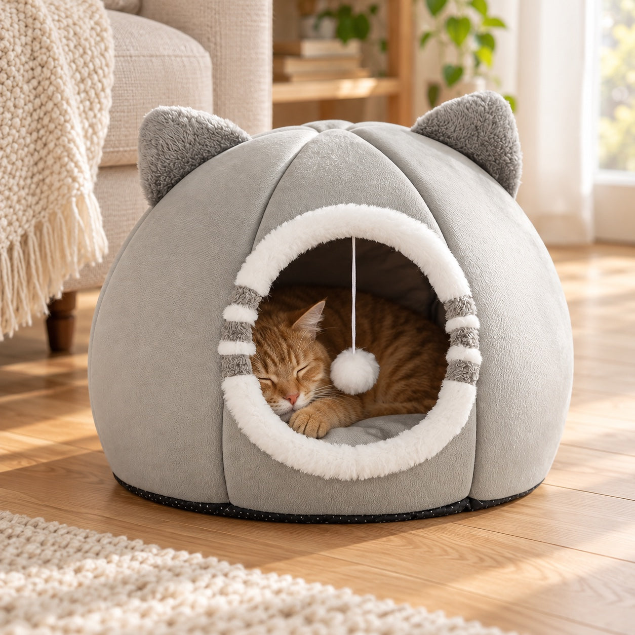 A small ginger cat curled up in the grey cat-ear cave beside a sofa.