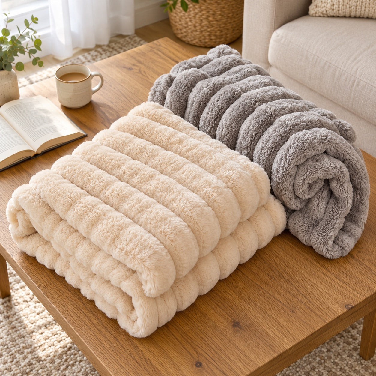 one Beige and one Light Grey throw folded on an oak table.