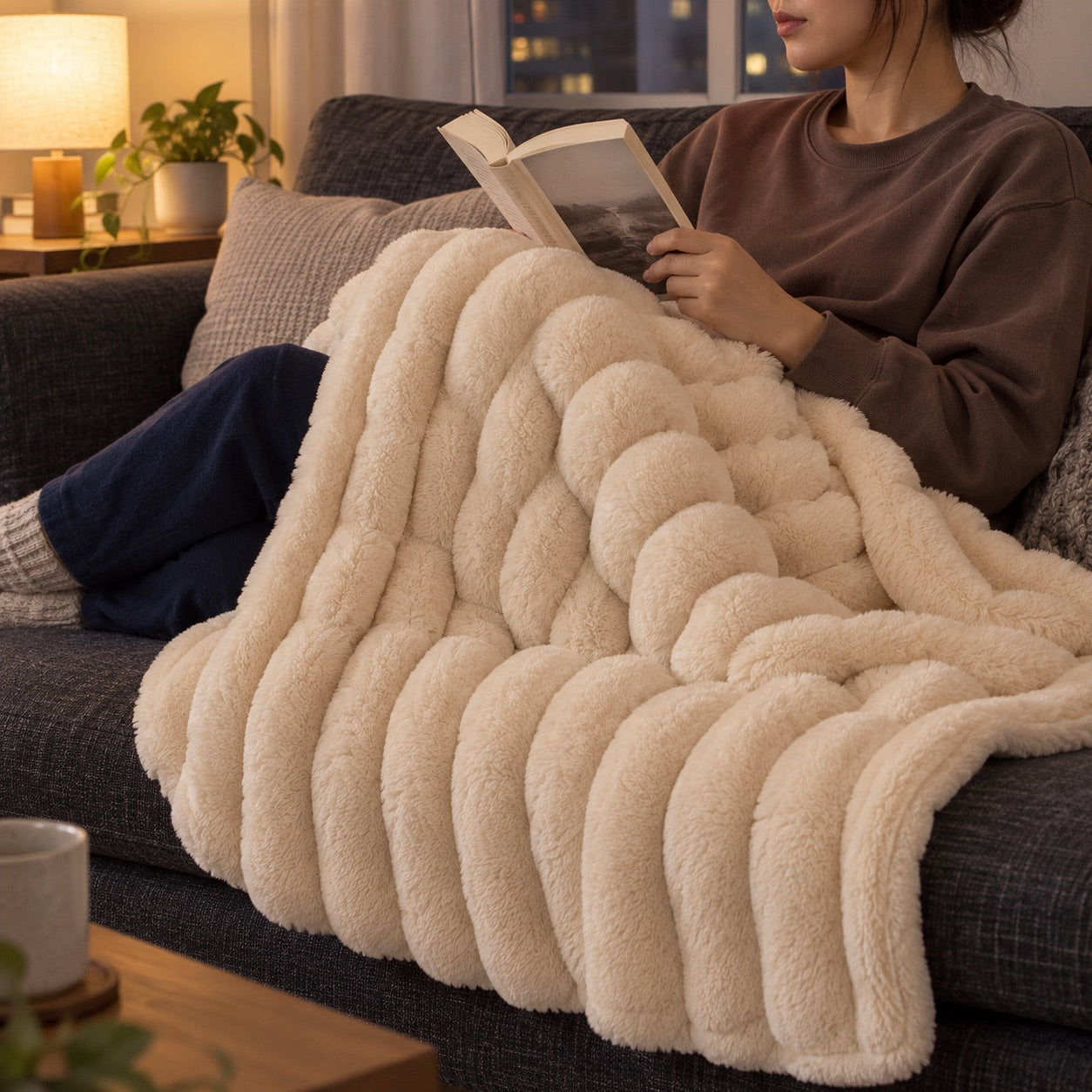 a woman reading on the sofa with the Beige Cloudsoft throw over her lap.