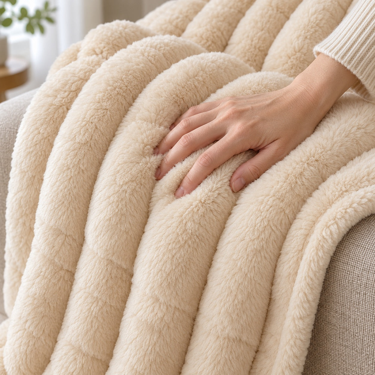 a hand pressing the raised striped plush fabric.