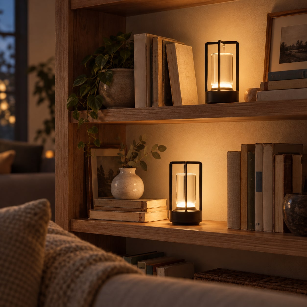 Black crystal lanterns glowing on an oak bookshelf.