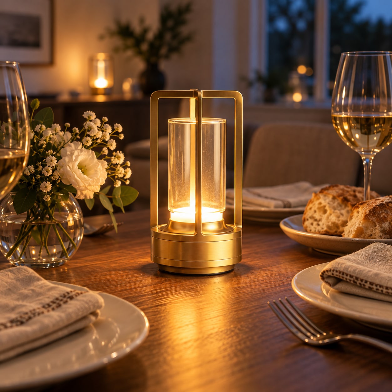 Two gold crystal lanterns on a dinner table at dusk.
