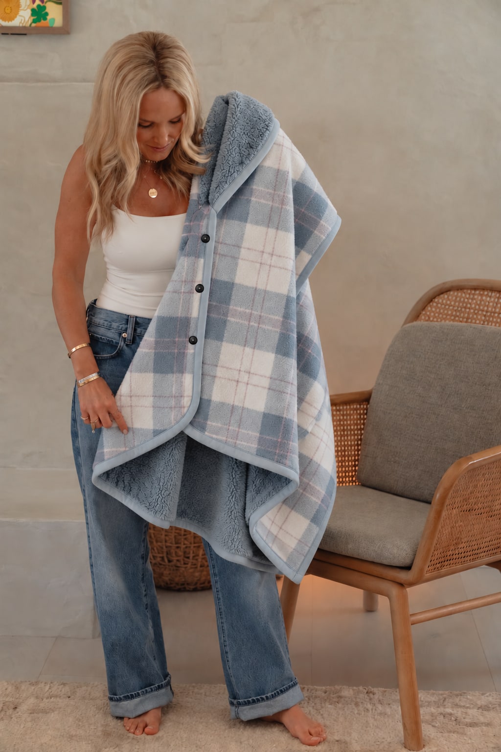 Blue Plaid shoulder wrap worn over everyday clothes