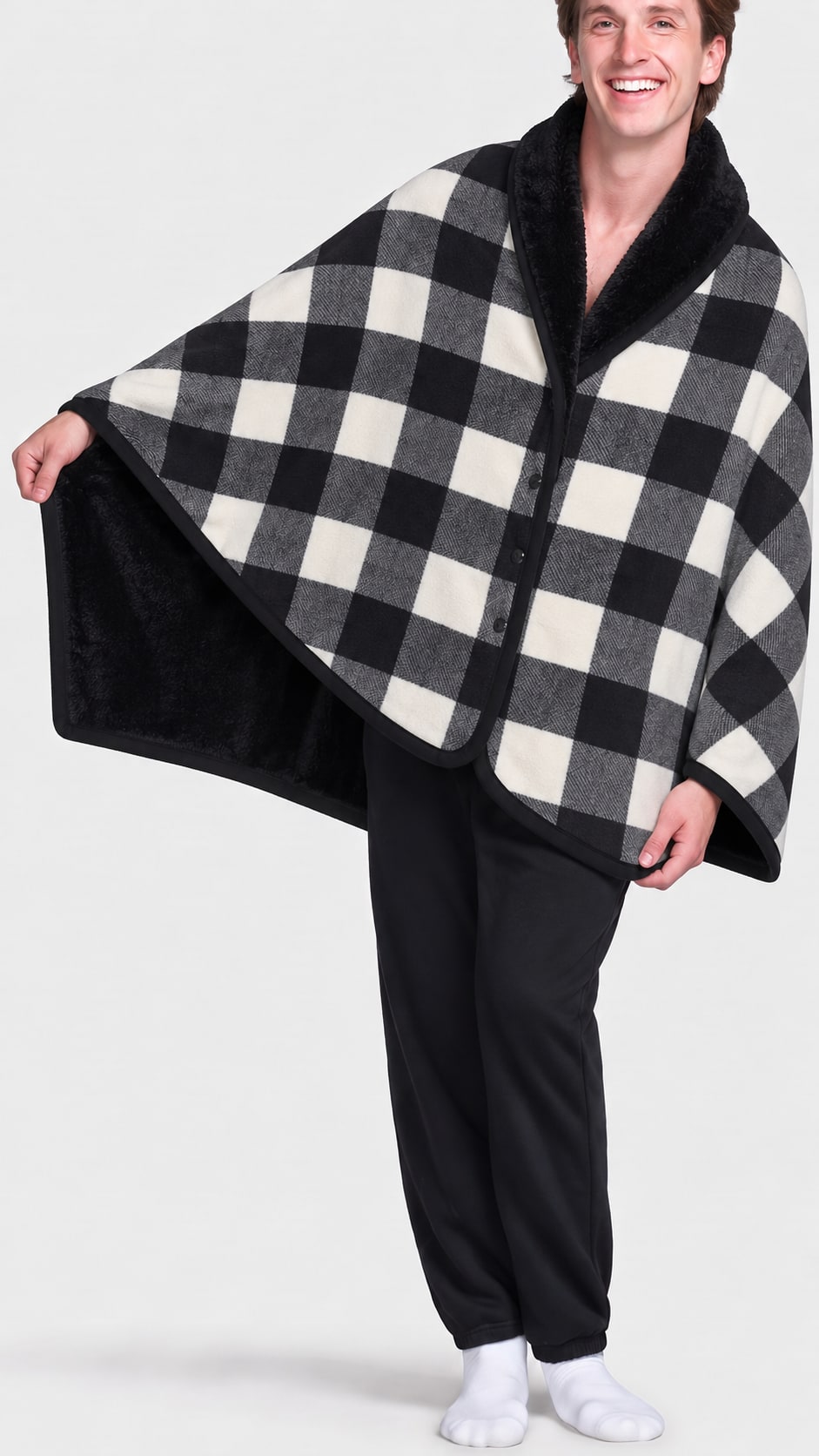 Charcoal Check blanket wrap worn open at the sides with three black front buttons