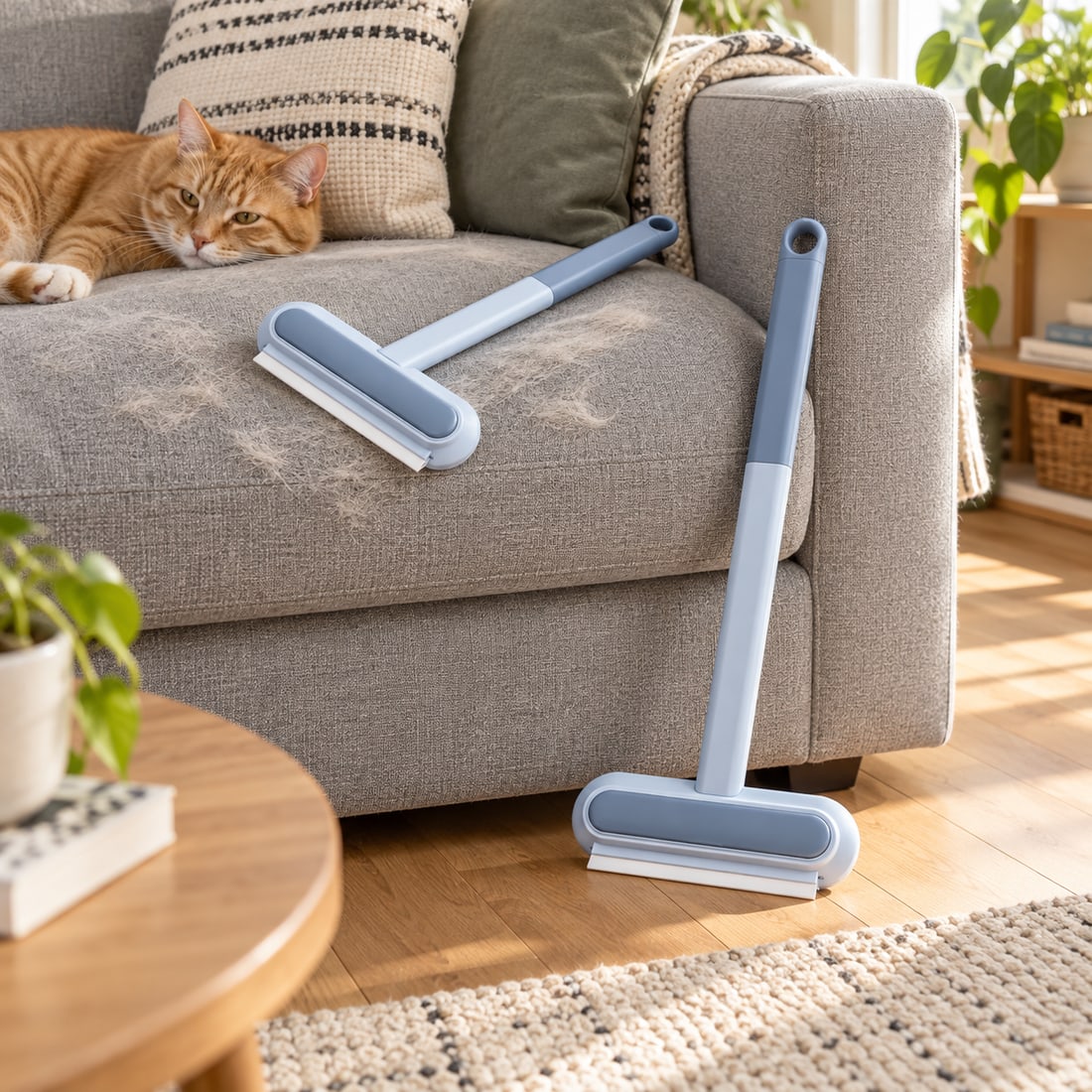 The two included brushes in a realistic pet-owner living room.