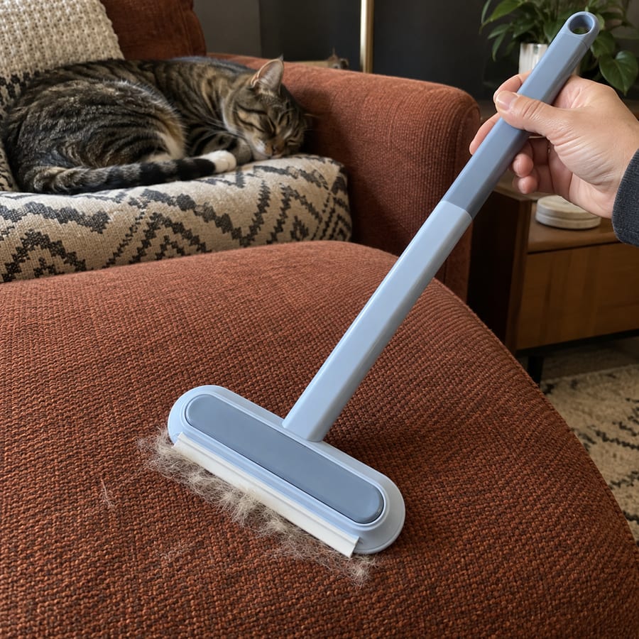 A hand brushing loose fur from an armchair cushion.