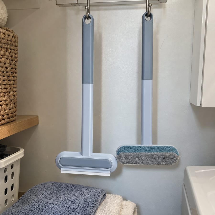 Both brushes hanging from hooks in a laundry room.