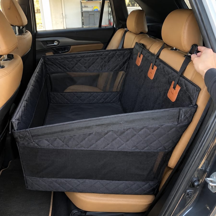 Empty black pet travel seat with a hand adjusting its strap.