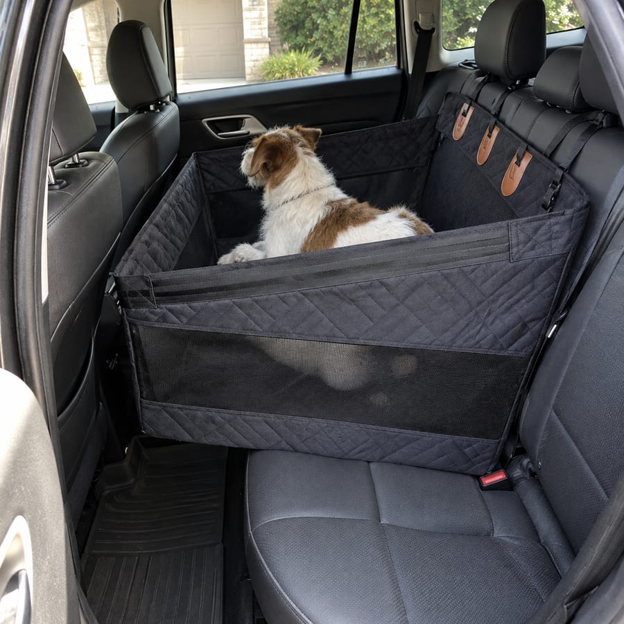 Jack Russell resting in the black seat with the adjacent bench uncovered.