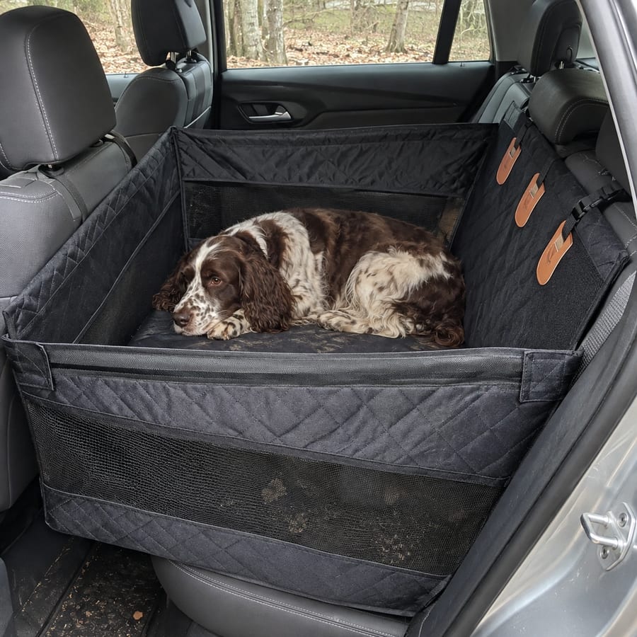 Spaniel resting sideways in the black seat after a walk.