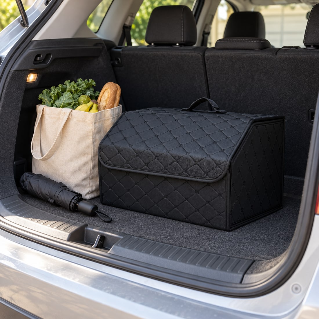 Black folding organizer in a hatchback trunk.