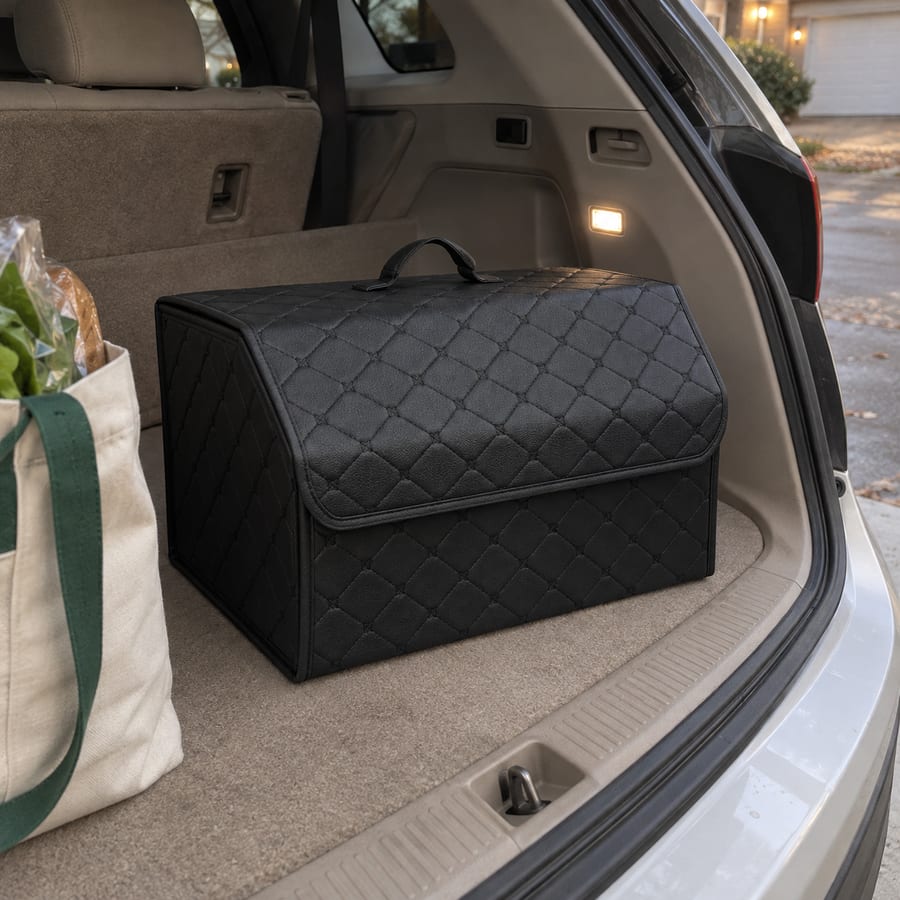 Closed black quilted organizer in a beige car trunk.