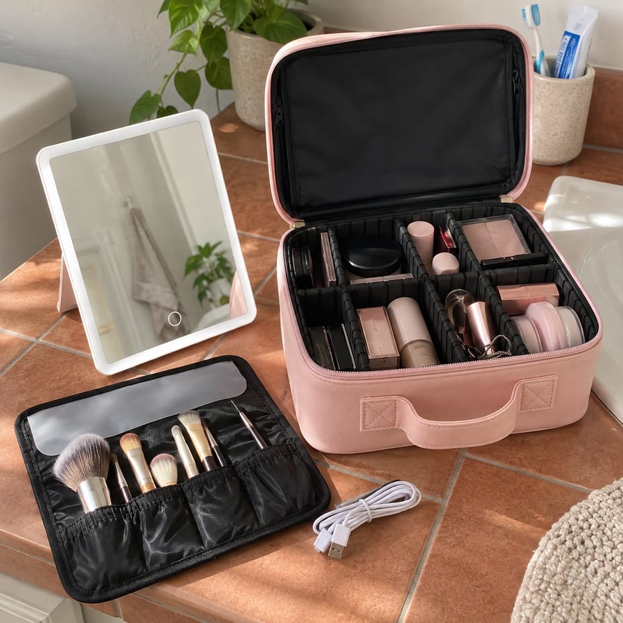 Open pink vanity case with the detachable mirror on a bathroom counter.