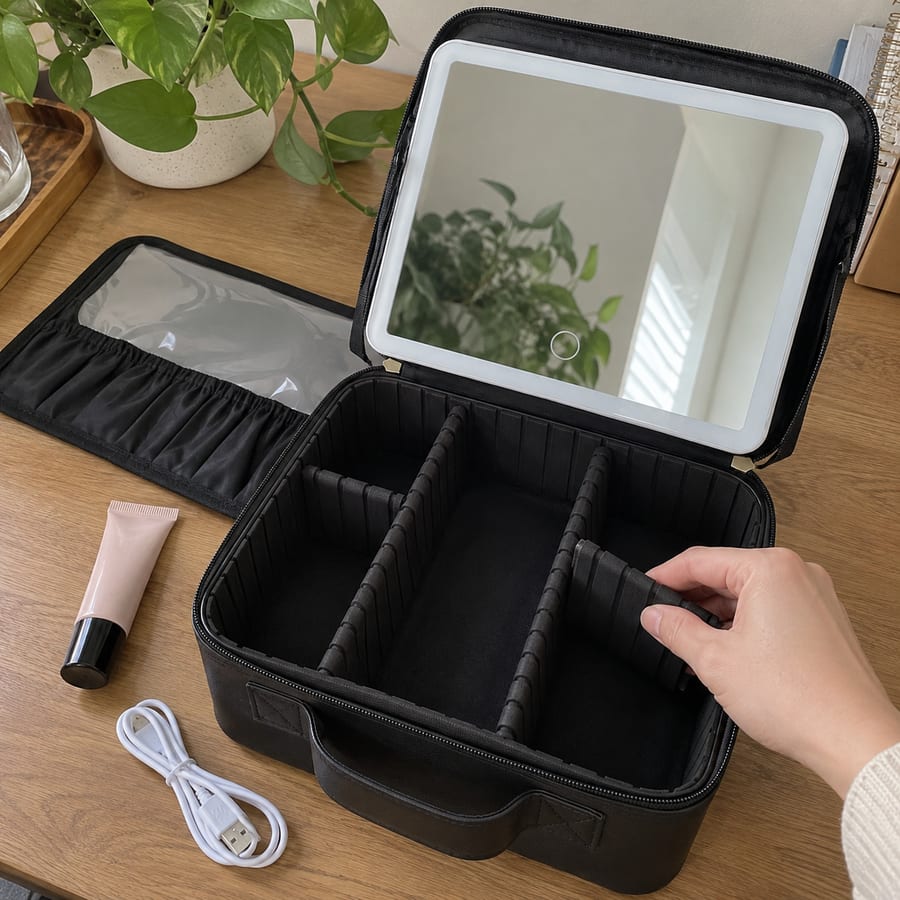 A hand adjusting a divider inside the open black case.