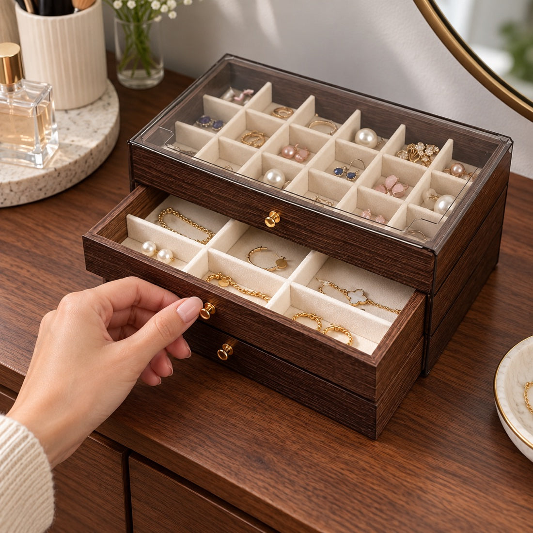 Clear-top jewelry box showing small cream-lined compartments and both drawers.
