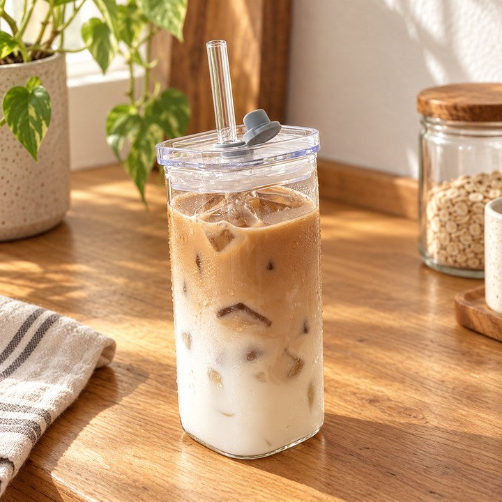 Animated product photographs of square glass cup.