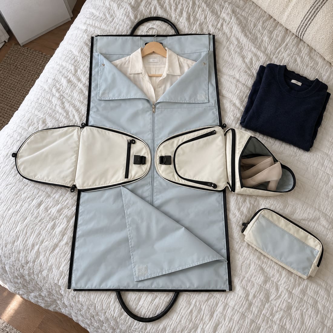 Open garment section on a bed