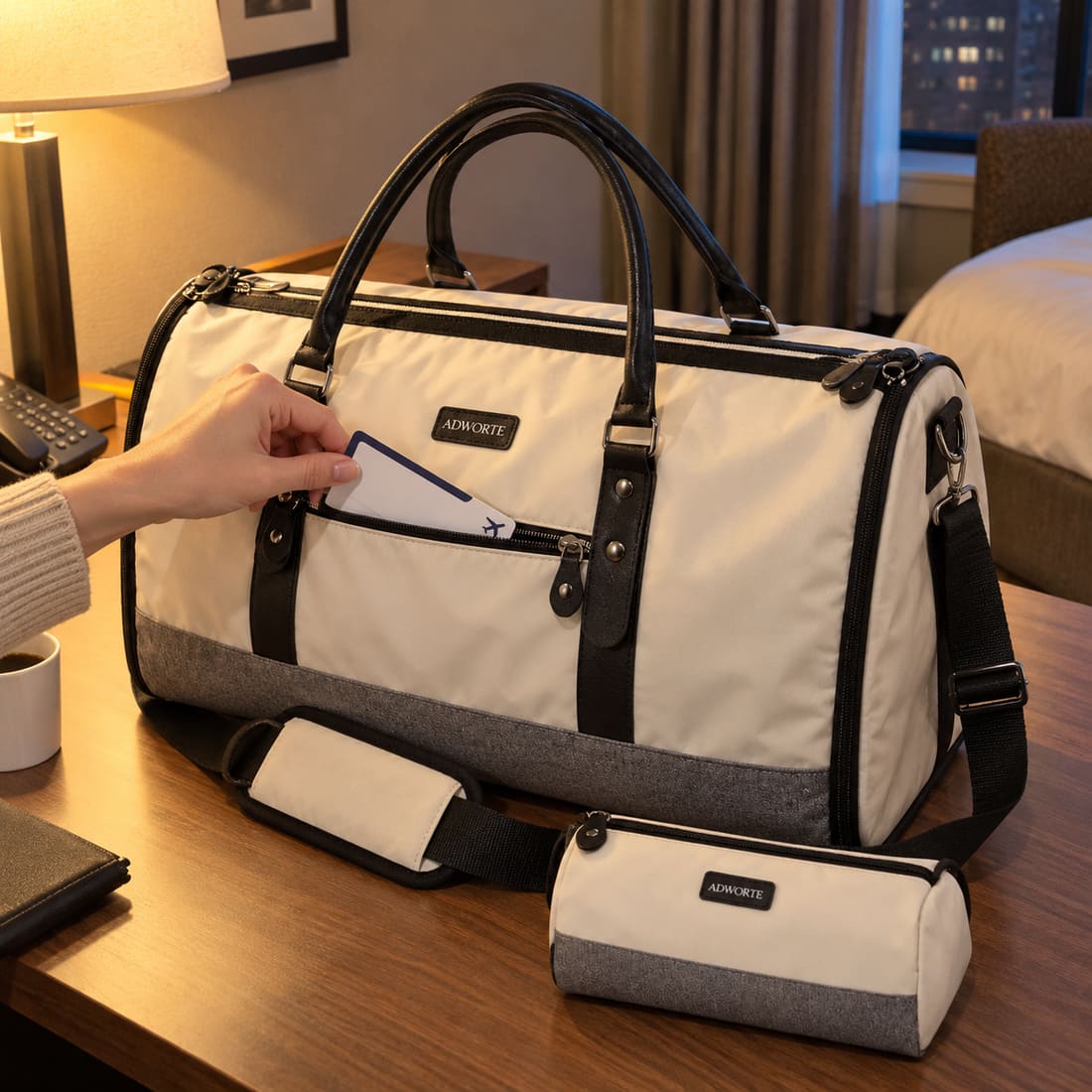 Front zip pocket and small cosmetic pouch