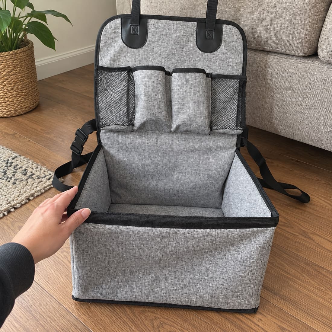 Complete pet travel seat showing storage pockets and straps