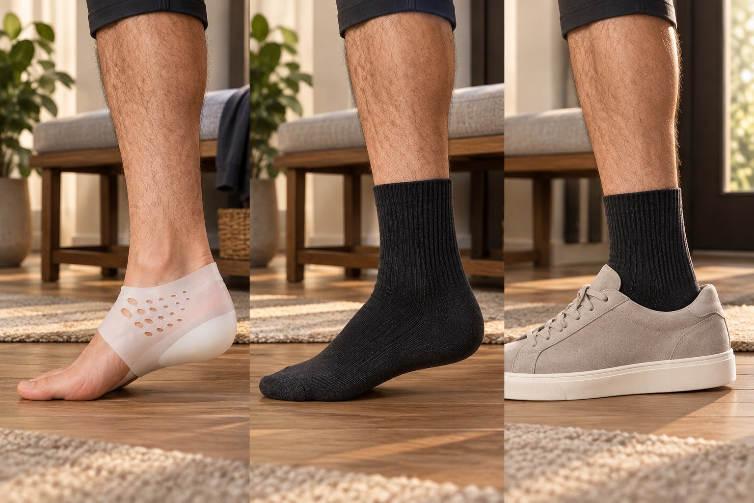 Height booster shown uncovered, beneath a sock, and inside a sneaker