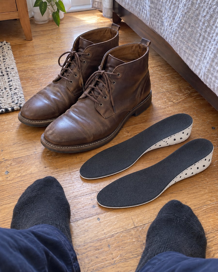 Product illustration of full-length height insoles with everyday shoes