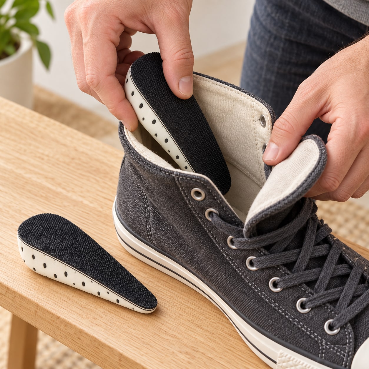 A half-length insert being placed into the heel of an empty high-top shoe, fabric side up