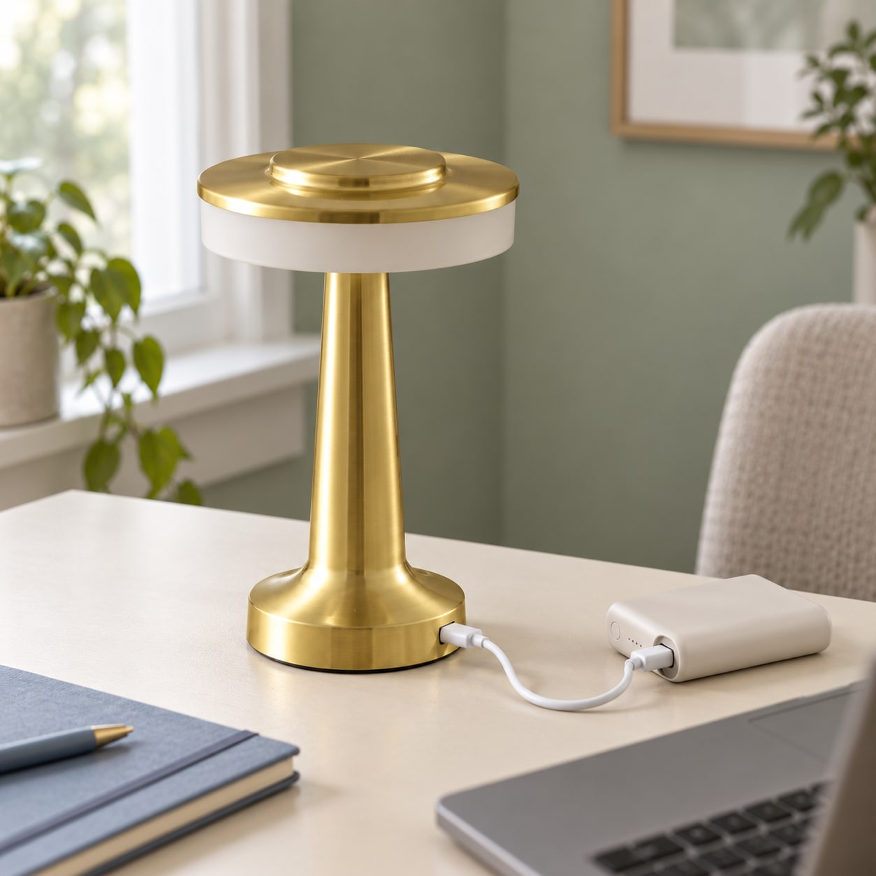 USB-C charging photo with the cable connected to the lamp's base and a compatible USB power source.