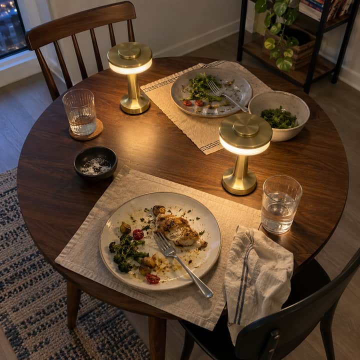 Two gold C lamps on a dining table, photographed from above.