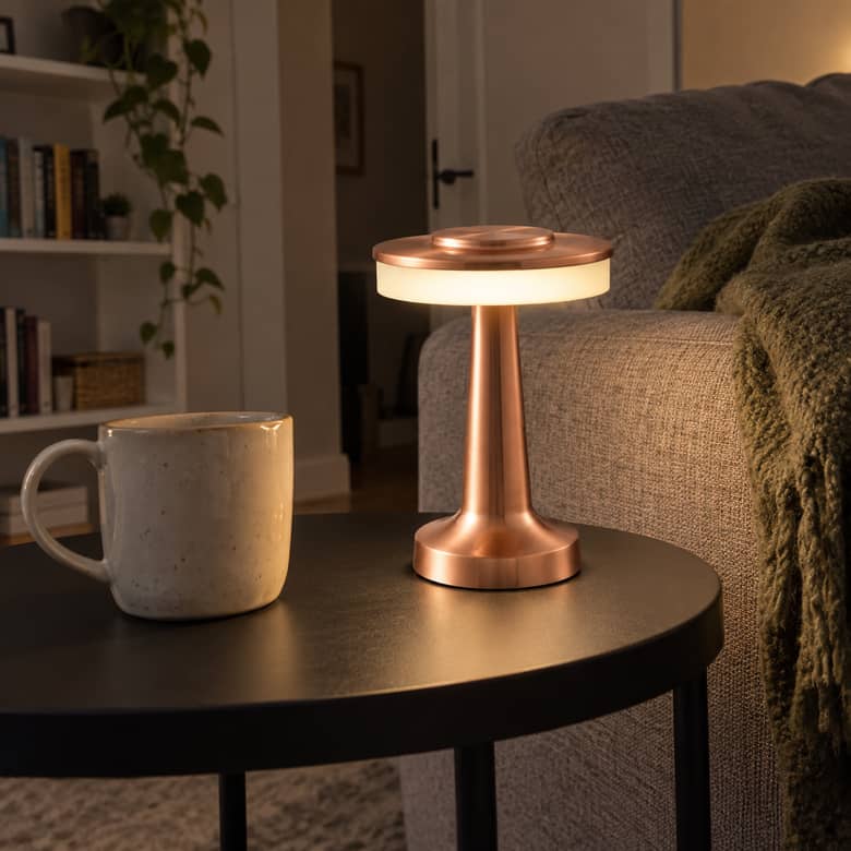 Rose-gold C lamp beside a grey sofa, viewed from seat height.