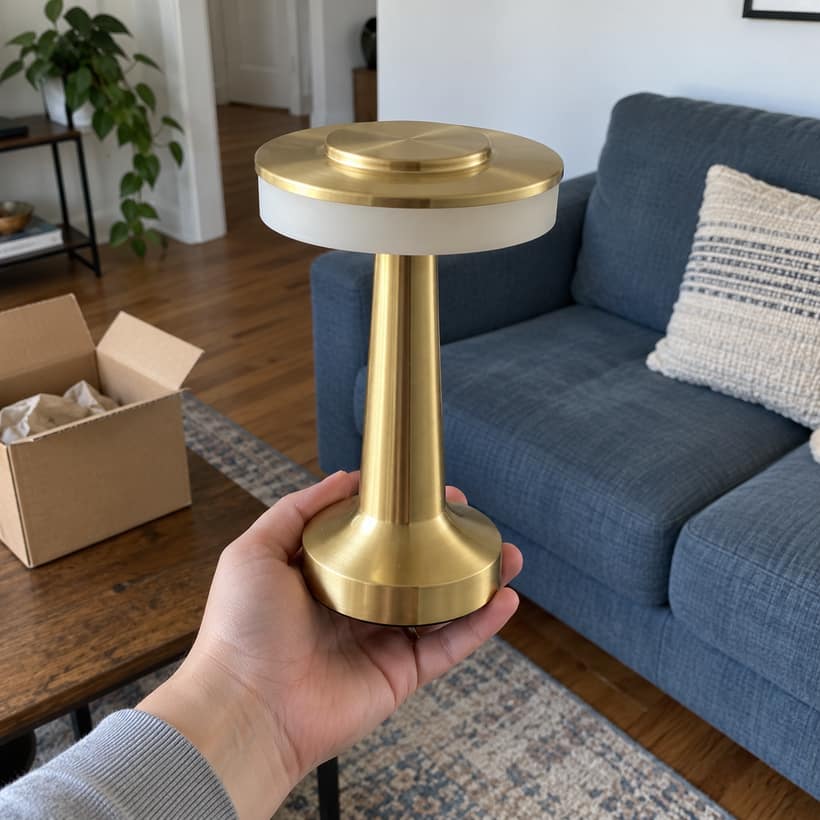 Gold C lamp held in a hand to show its compact size.