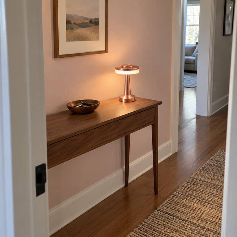 Rose-gold C lamp on a hall table, photographed through a doorway.