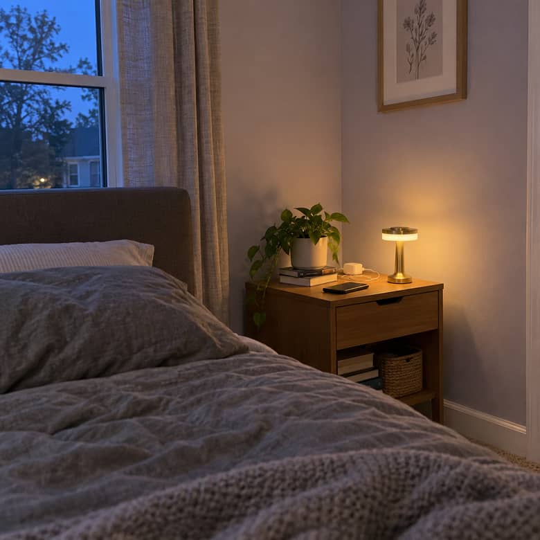 Gold C lamp on a bedside table, viewed from across the room.