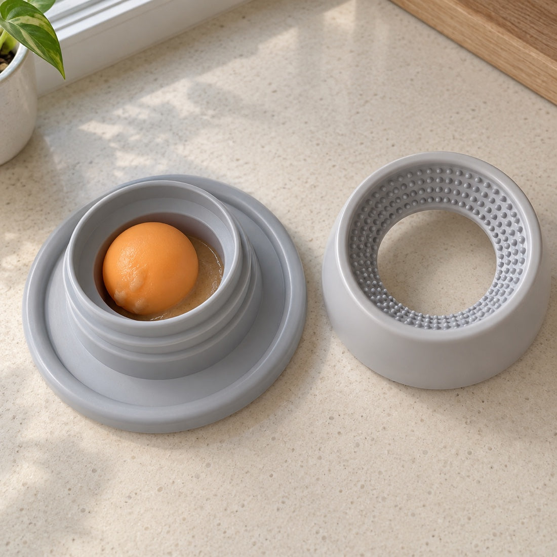 Inside the Grey feeder with its cover removed: the loose orange ball rests directly in creamy treat in the central cup.