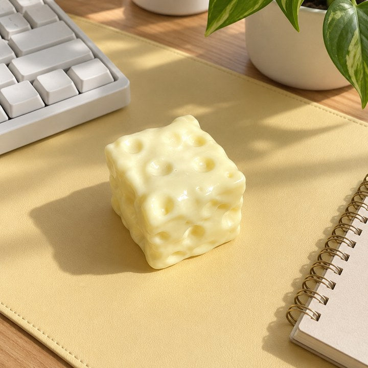 Close-up details of cheese-shaped fidget.