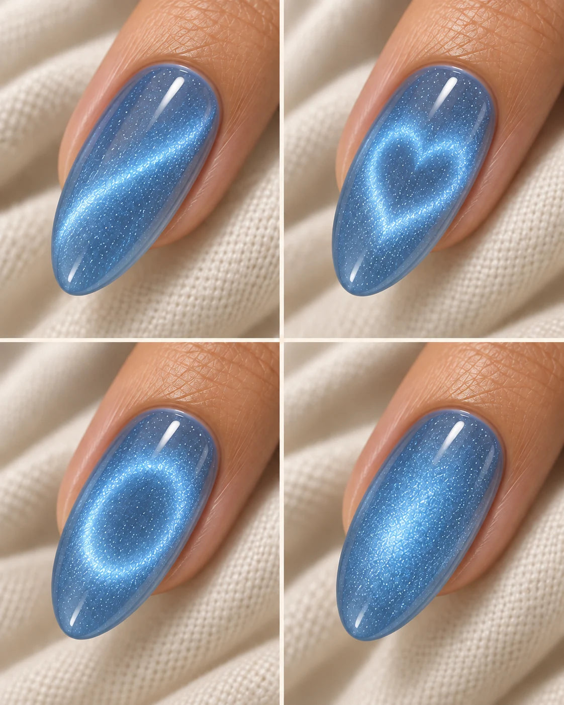 Blue Hour: Lighter magnetic manicure with line, heart, halo and velvet effects.