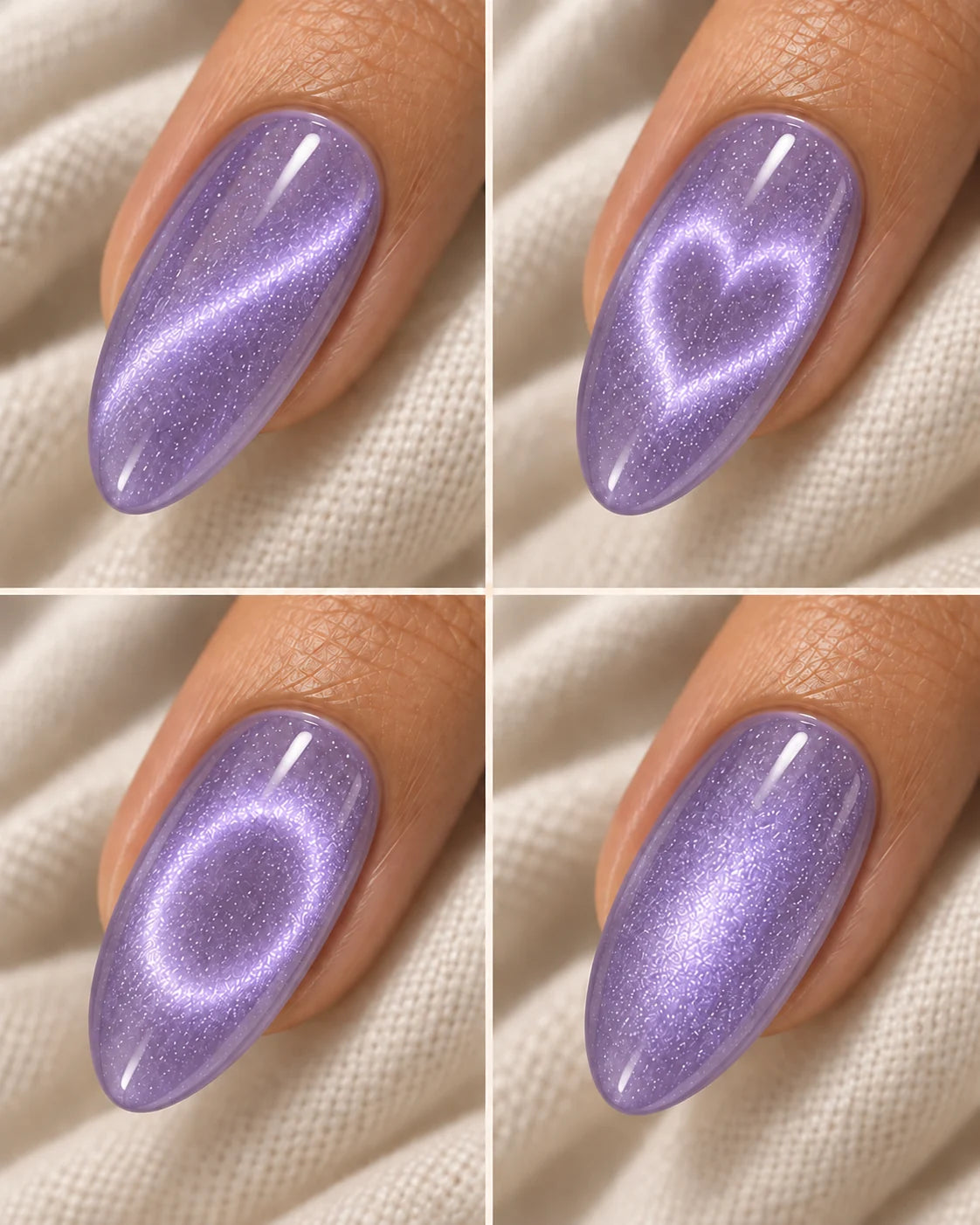 Violet Hour: Lighter magnetic manicure with line, heart, halo and velvet effects.