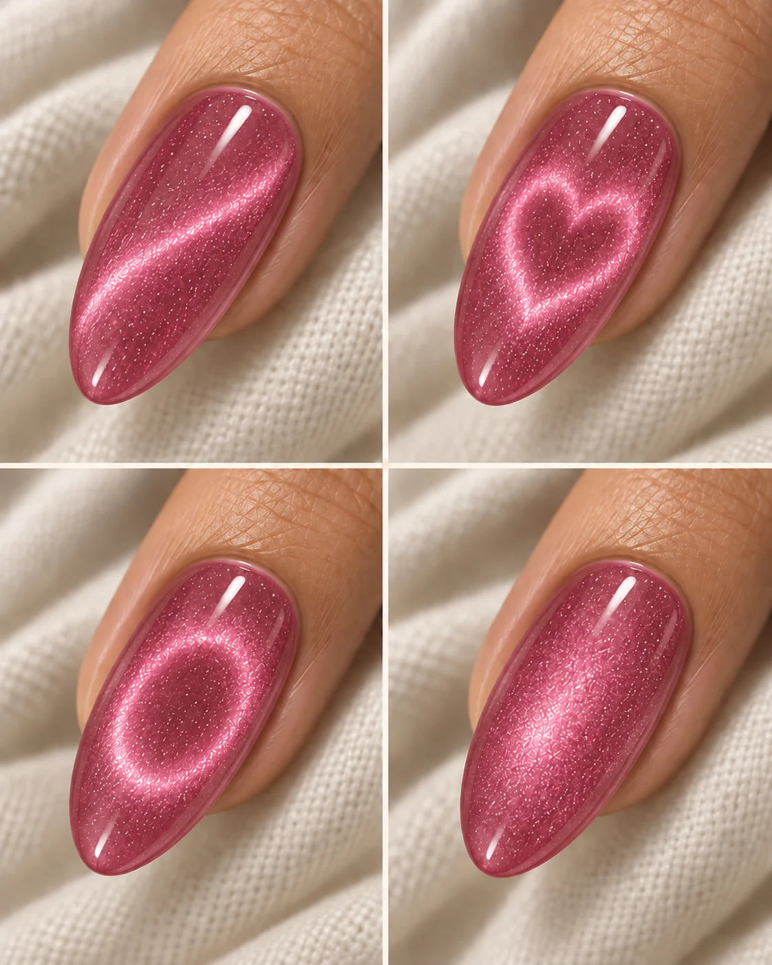 Berry Kiss: Lighter magnetic manicure with line, heart, halo and velvet effects.