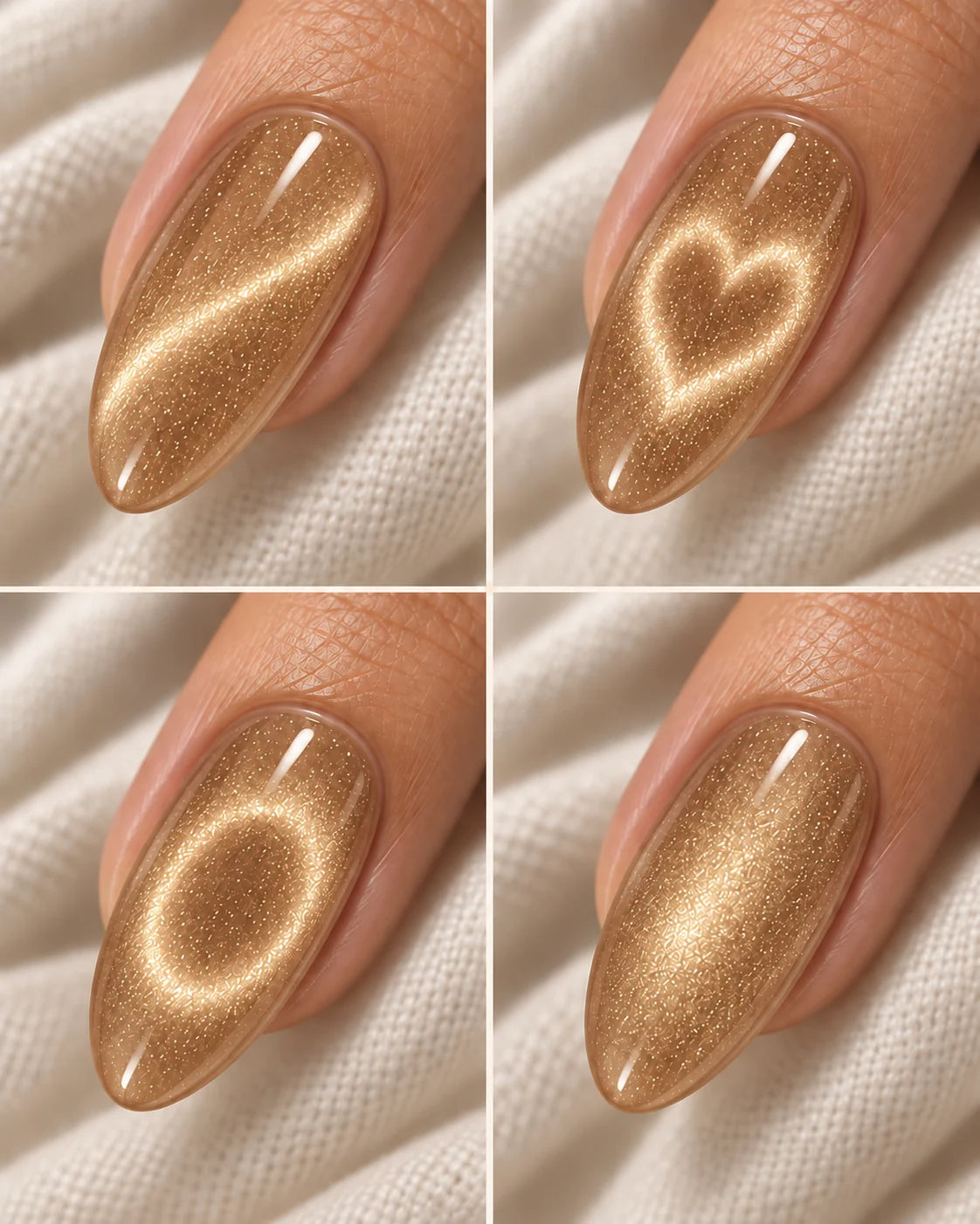 Golden Spell: Lighter magnetic manicure with line, heart, halo and velvet effects.