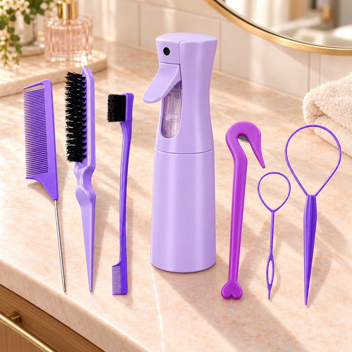 Animated styled product photographs of 7-piece styling kit.