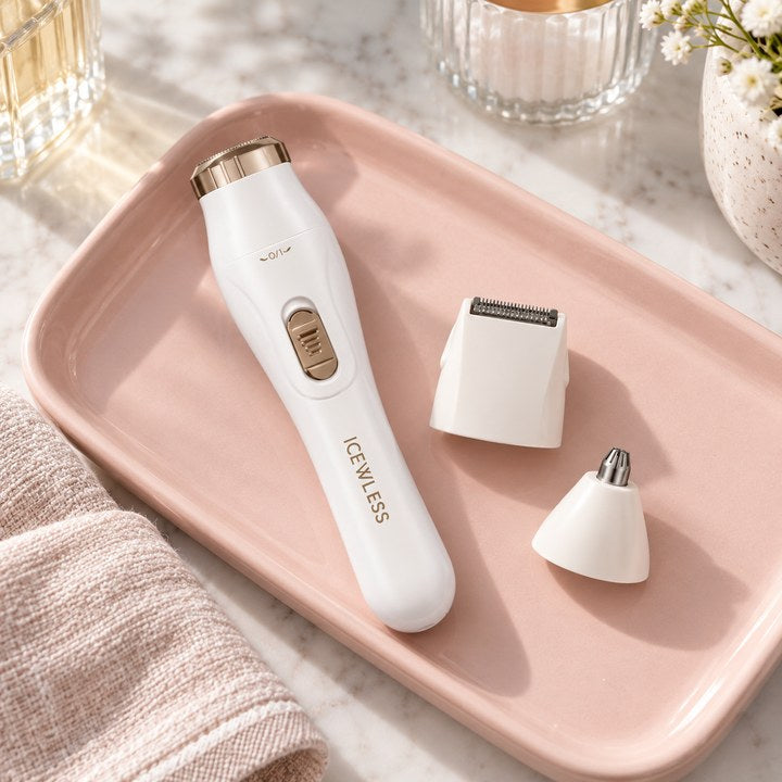 Close-up details of 3-in-1 rechargeable trimmer.