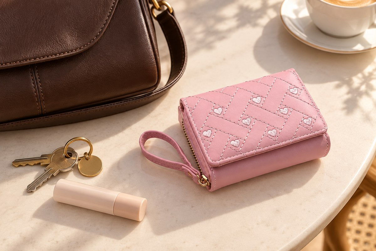 Rose mini wallet beside an everyday shoulder bag, keys and lip balm