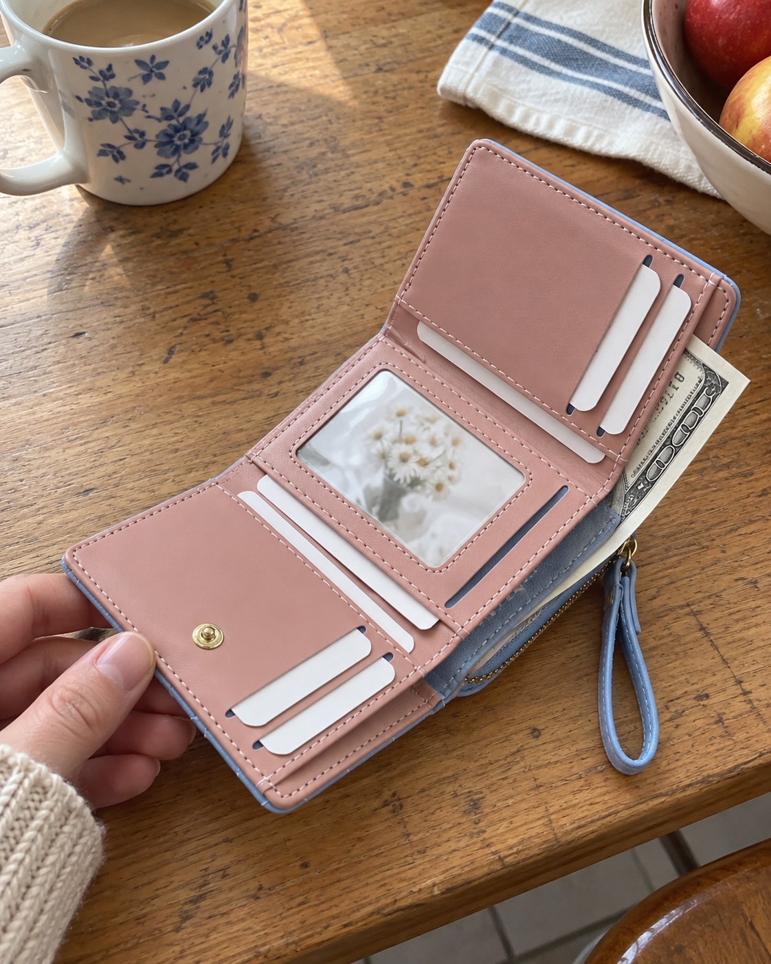 Photo showing the blue wallet card interior
