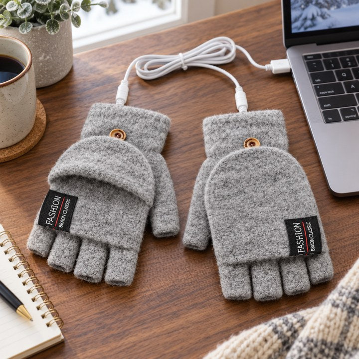 Close-up details of USB heated gloves.