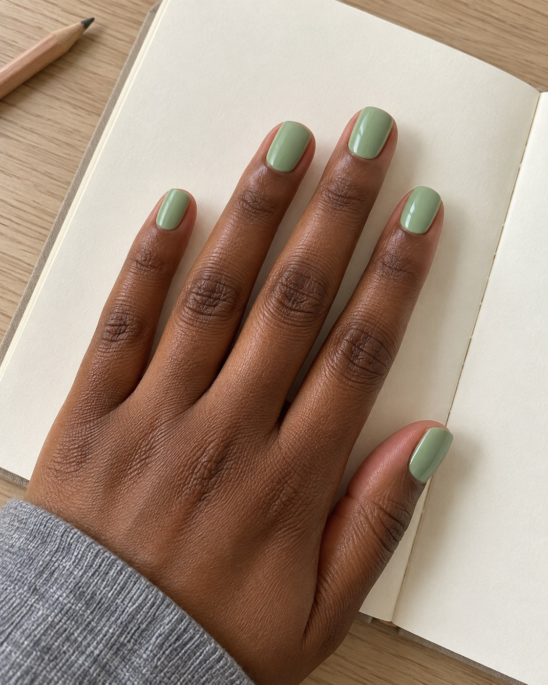 soft sage manicure worn on natural nails