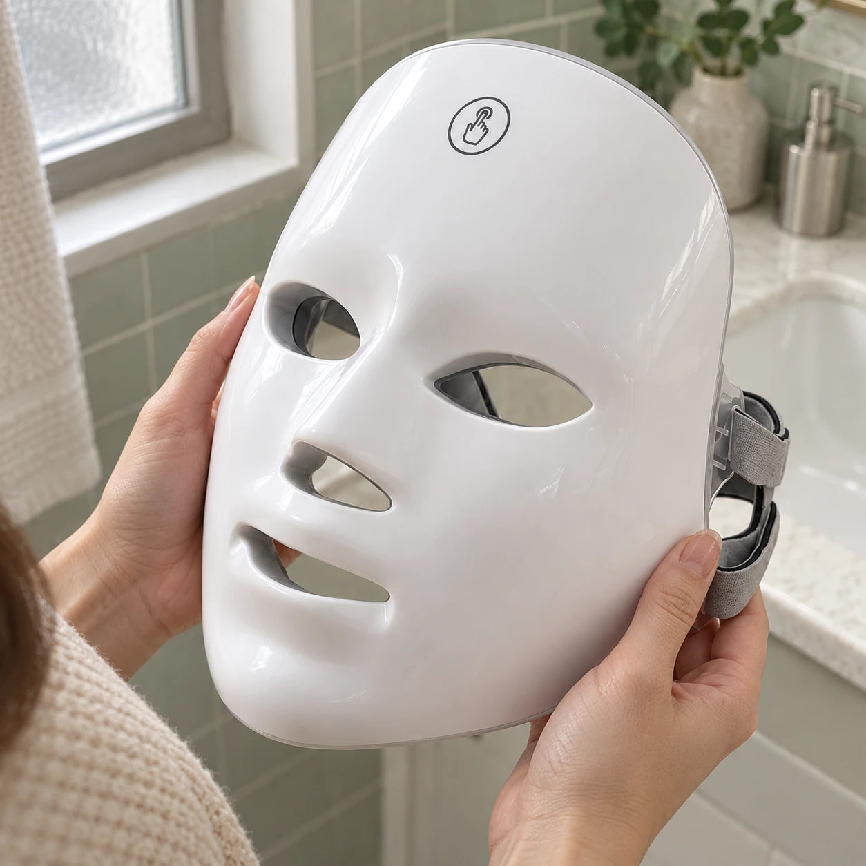 Afterglow white LED face mask: hand.