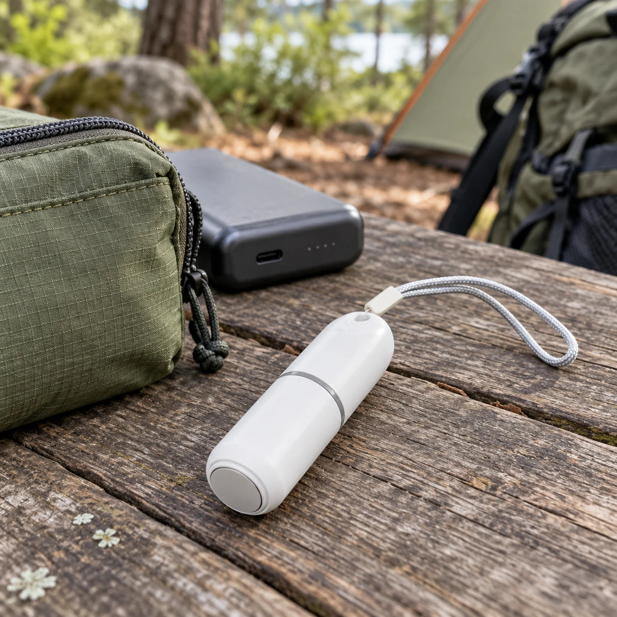 White bite pen beside a hiking pouch at a campsite