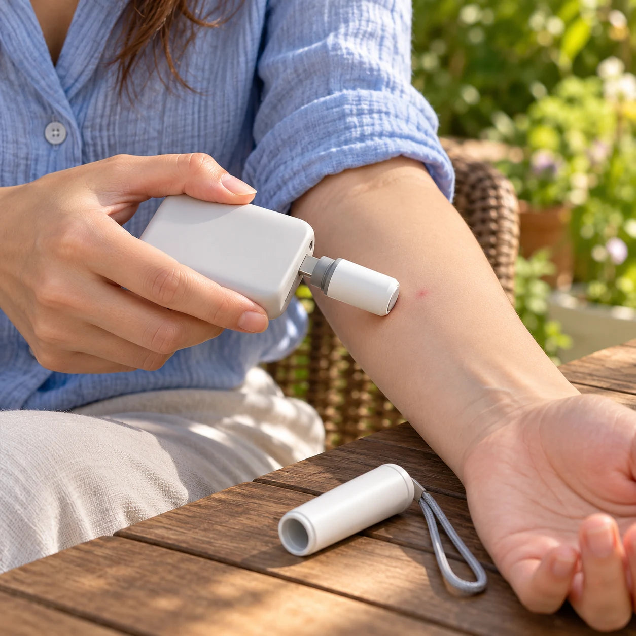 Illustration of an adult holding the externally powered heat module near a mosquito bite