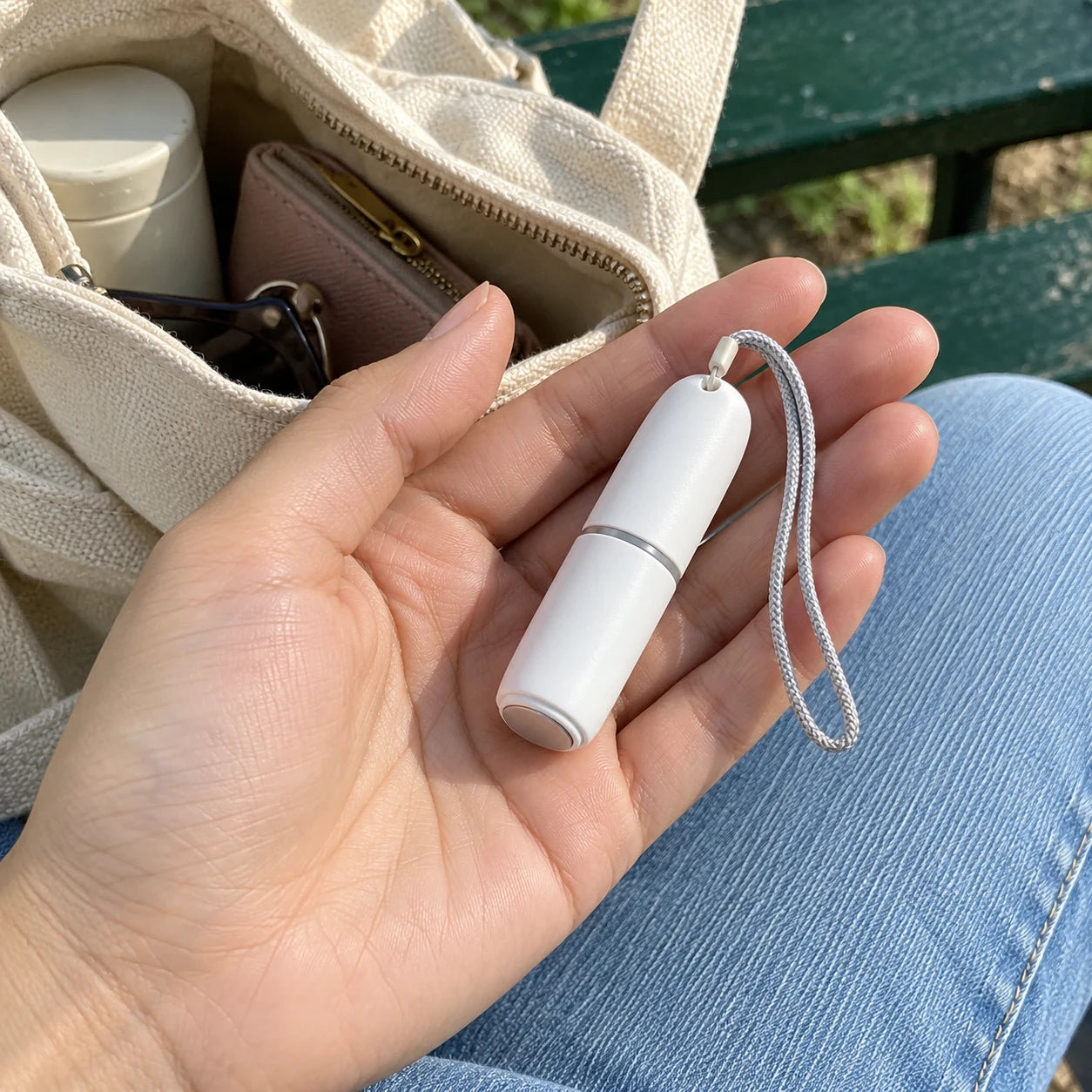 An adult holding the capped white bite pen beside a day bag